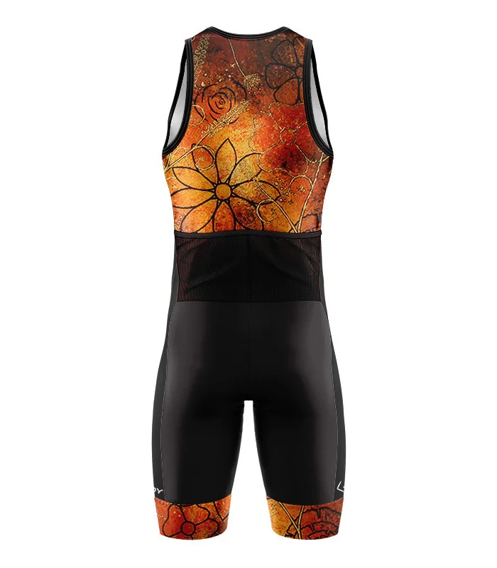 Men's Floral Cluster (Orange) sleeveless triathlon suit for sale at Scody Australia. Flexible payment options| Triathlon Suits