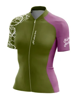 A cycle jersey with a harmonious blend of olive and subtle pink with a leaf motive | Cycling Jersey