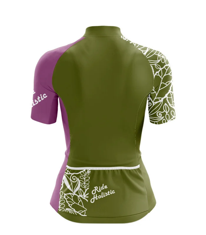 A cycle jersey with a harmonious blend of olive and subtle pink with a leaf motive | Cycling Jersey