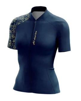 A cycle jersey with a navy body and a subtle leaf motive on the sleeve | Cycling Jersey