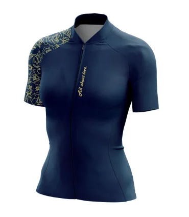 A cycle jersey with a navy body and a subtle leaf motive on the sleeve | Cycling Jersey