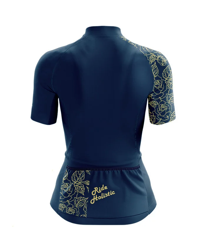 A cycle jersey with a navy body and a subtle leaf motive on the sleeve | Cycling Jersey