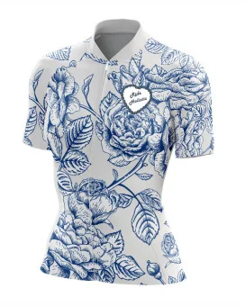 A cycle jersey with blue roses in outline on a white body | Cycling Jersey