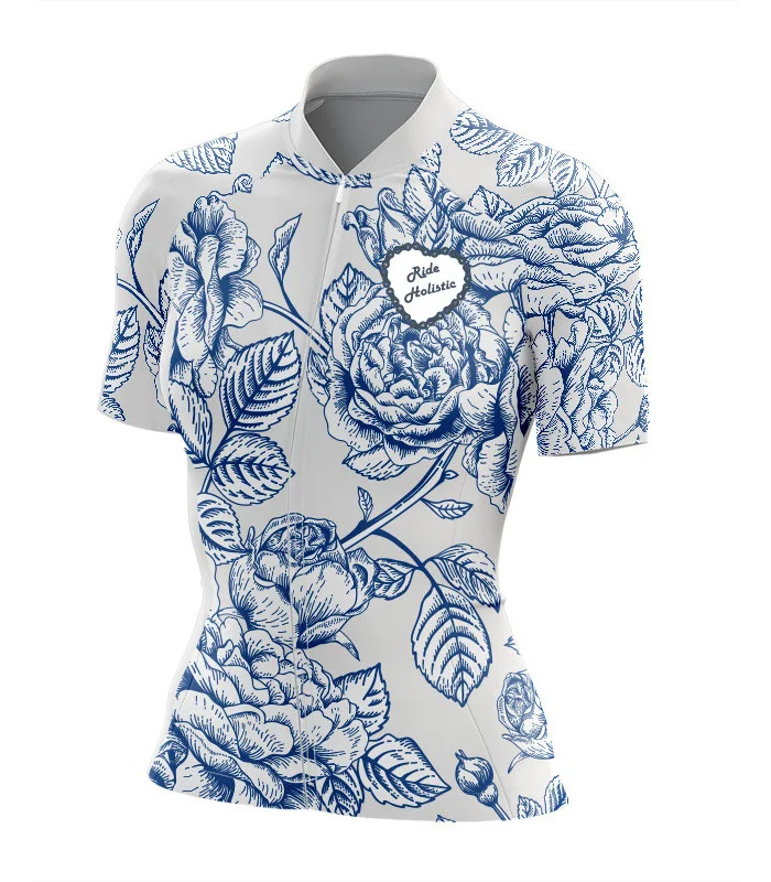 A cycle jersey with blue roses in outline on a white body | Cycling Jersey