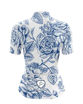 A cycle jersey with blue roses in outline on a white body | Cycling Jersey