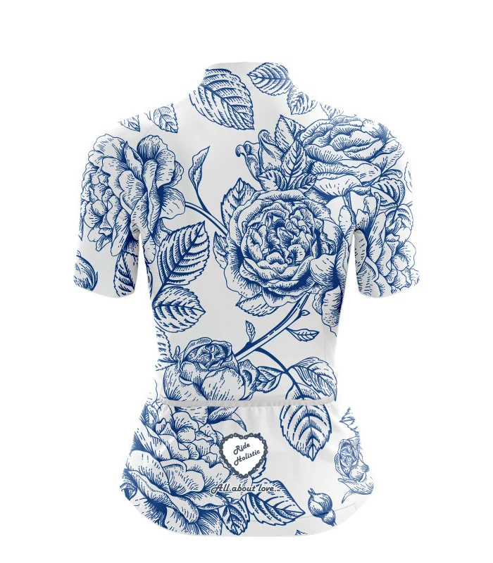 A cycle jersey with blue roses in outline on a white body | Cycling Jersey