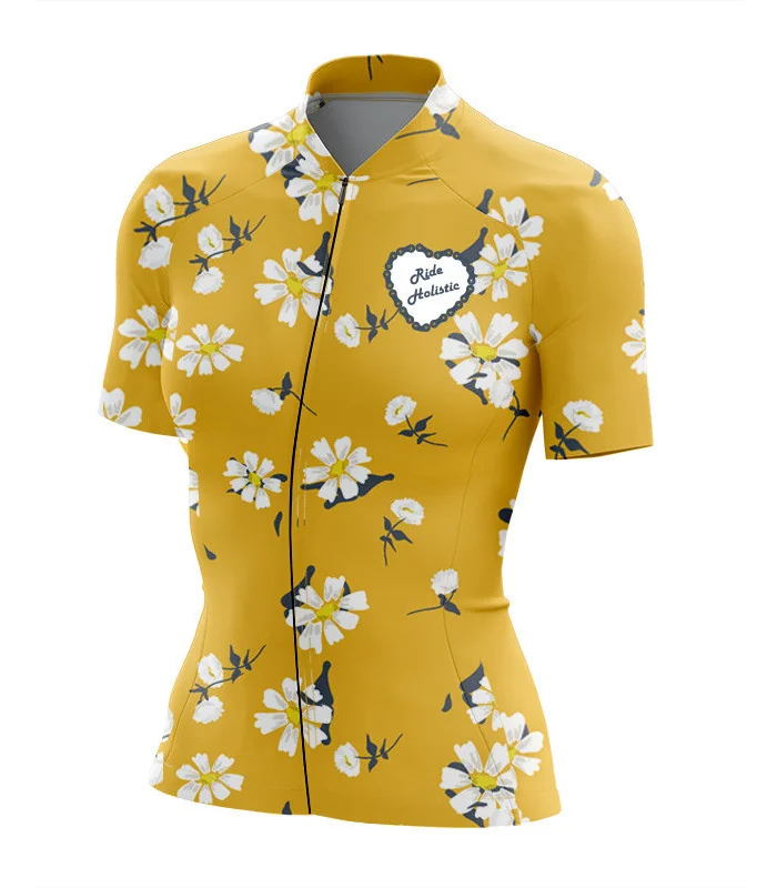A cycle jersey with a buttercup yellow body with scattered white flowers | Cycling Jersey