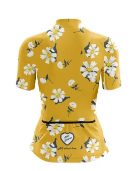 A cycle jersey with a buttercup yellow body with scattered white flowers | Cycling Jersey