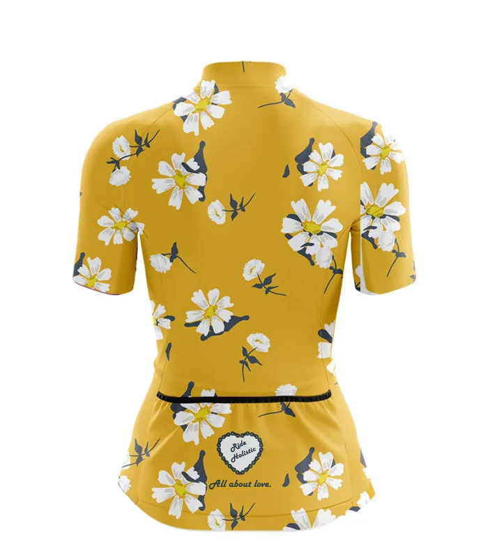 A cycle jersey with a buttercup yellow body with scattered white flowers | Cycling Jersey