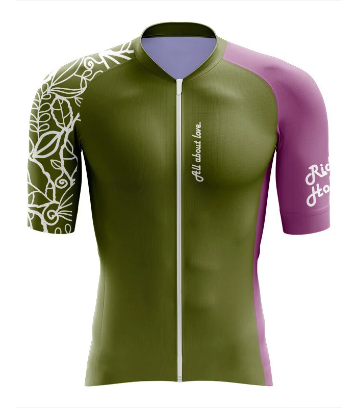 A cycle jersey with a harmonious blend of olive and subtle pink with a leaf motive | Cycling Jersey