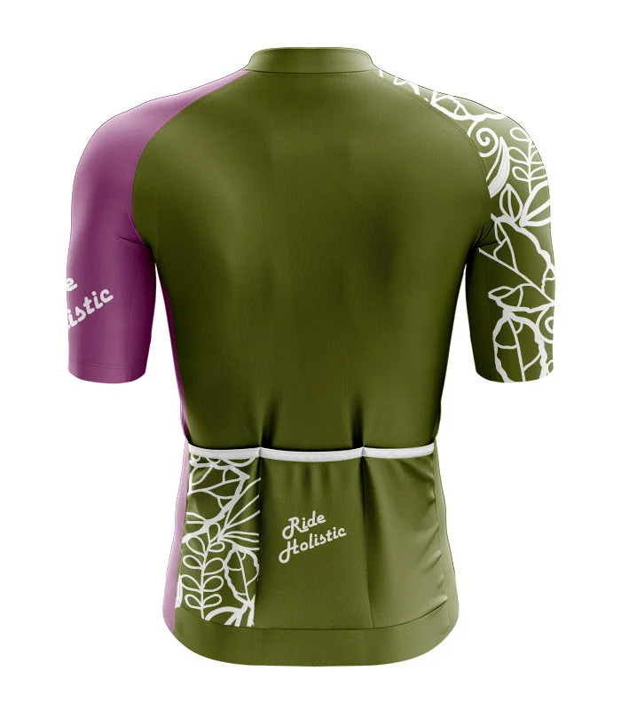 A cycle jersey with a harmonious blend of olive and subtle pink with a leaf motive | Cycling Jersey