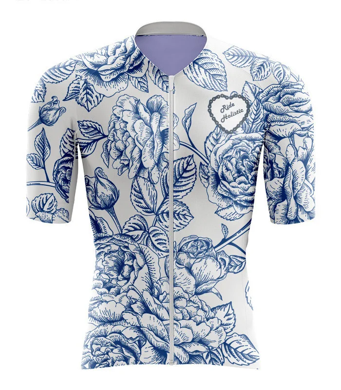 A cycle jersey with blue roses in outline on a white body | Cycling Jersey | Cycling Jersey