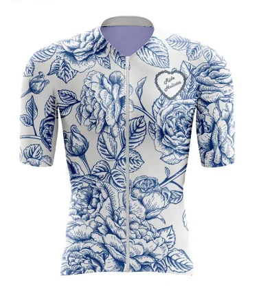 A cycle jersey with blue roses in outline on a white body | Cycling Jersey | Cycling Jersey