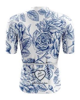 A cycle jersey with blue roses in outline on a white body | Cycling Jersey | Cycling Jersey