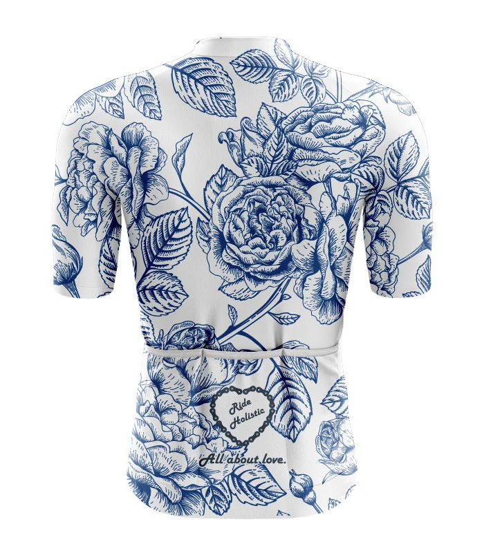 A cycle jersey with blue roses in outline on a white body | Cycling Jersey | Cycling Jersey