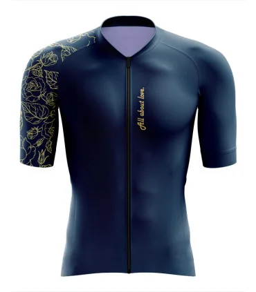 A cycle jersey with a navy body and a subtle leaf motive on the sleeve | Cycling Jersey