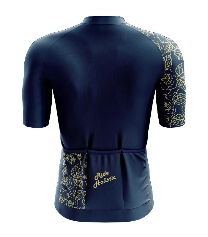 A cycle jersey with a navy body and a subtle leaf motive on the sleeve | Cycling Jersey