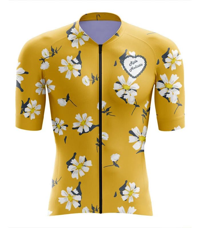 A cycle jersey with a buttercup yellow body with scattered white flowers | Cycling Jersey