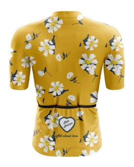 A cycle jersey with a buttercup yellow body with scattered white flowers | Cycling Jersey