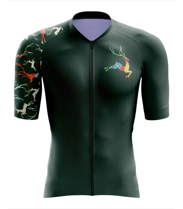 A cycle jersey with a bit of Christmas spirit - green jersey with (quite) subtle Reindeer on one arm | Cycling Jersey