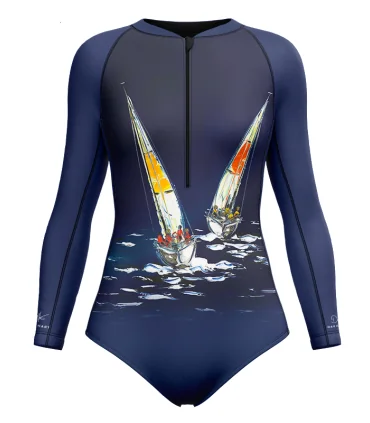 David Hart Sailing Boats Sleeved Swimsuit, UPF50+ | Beach Wear