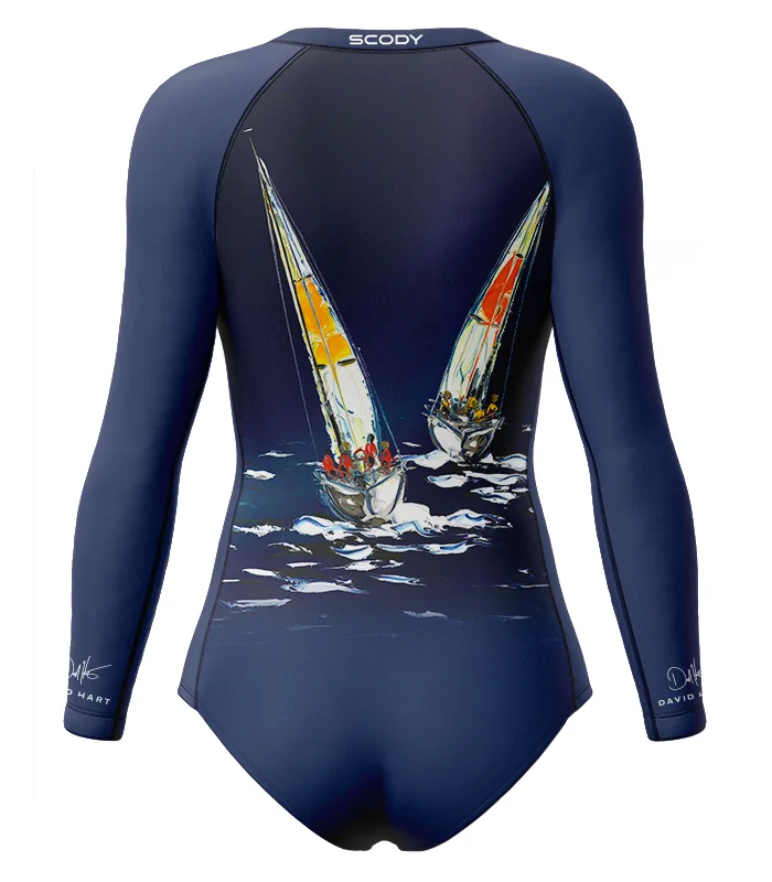 David Hart Sailing Boats Sleeved Swimsuit, UPF50+ | Beach Wear