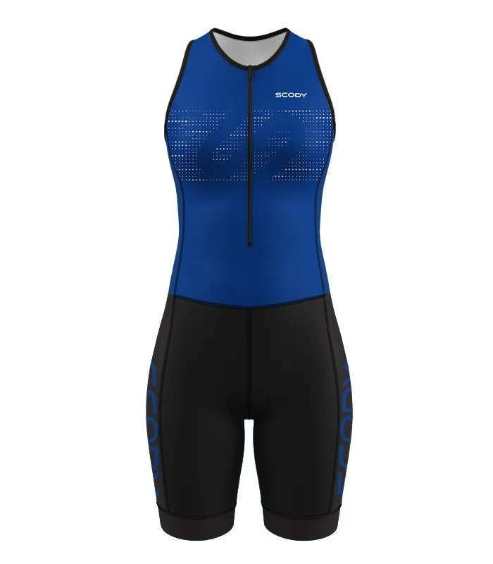 Women's Staple Cobalt Blue sleeveless triathlon suit w front zip for sale at Scody Australia. Flexible payment options