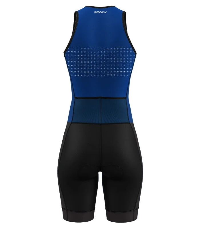 Women's Staple Cobalt Blue sleeveless triathlon suit w front zip for sale at Scody Australia. Flexible payment options