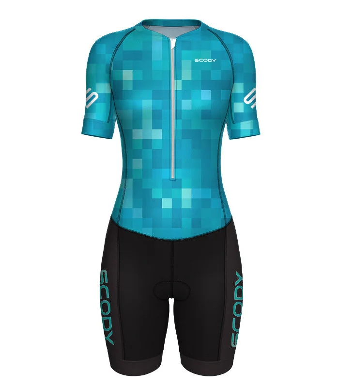 Women's Square Up Blue Lagoon Sleeved Aero triathlon suit for sale at Scody Australia. Flexible payment options available