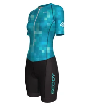 Women's Square Up Blue Lagoon Sleeved Aero triathlon suit for sale at Scody Australia. Flexible payment options available