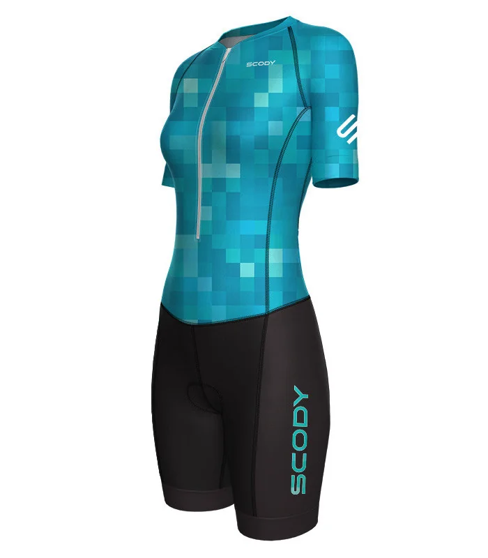 Women's Square Up Blue Lagoon Sleeved Aero triathlon suit for sale at Scody Australia. Flexible payment options available
