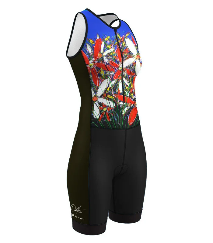 Women's sleeveless triathlon suit featuring David Hart's artwork Tangled Flowers. Flexible payment options| Triathlon Suits