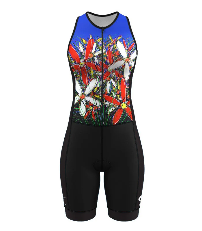 Women's sleeveless triathlon suit featuring David Hart's artwork Tangled Flowers. Flexible payment options| Triathlon Suits