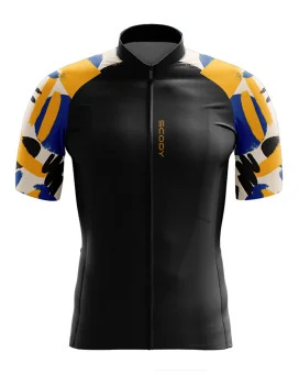 Black cycle Jersey with yellow, cobalt blue and white strokes on sleeve | Cycling Clothing |Made in Australia