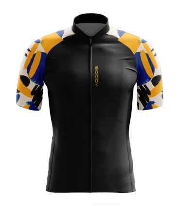 Black cycle Jersey with yellow, cobalt blue and white strokes on sleeve | Cycling Clothing |Made in Australia