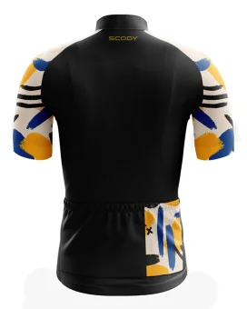 Black cycle Jersey with yellow, cobalt blue and white strokes on sleeve | Cycling Clothing |Made in Australia