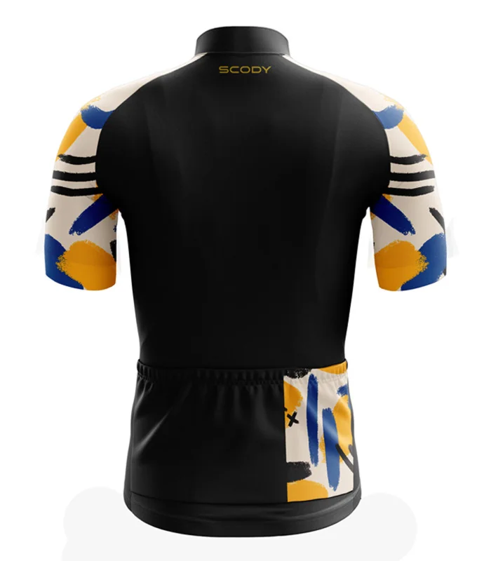 Black cycle Jersey with yellow, cobalt blue and white strokes on sleeve | Cycling Clothing |Made in Australia
