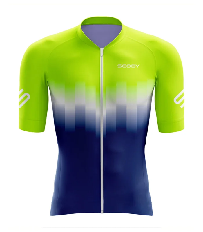 Aero Optimised Cycle Jersey Fluoro Lime upper through white through cobalt blue lower | Made in Australia