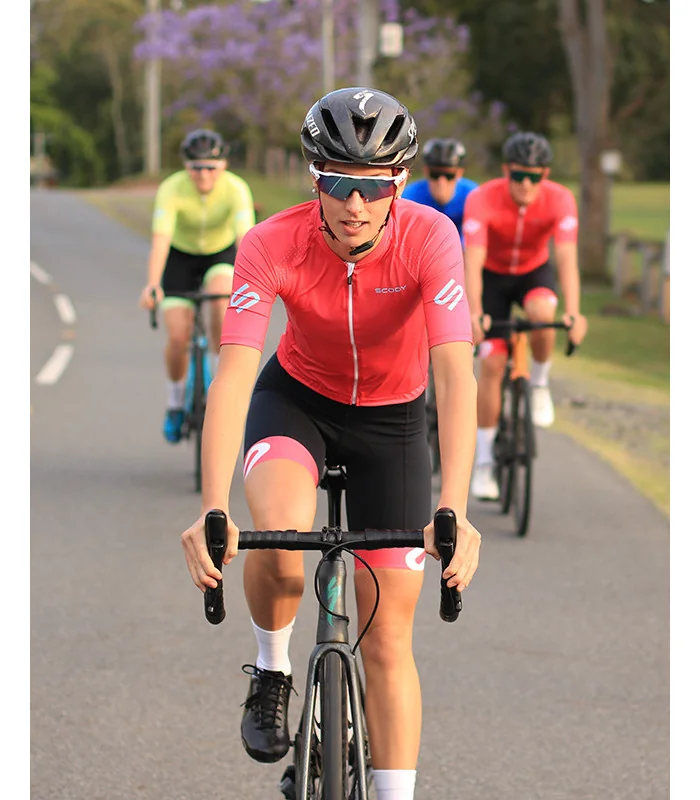 Staple Strawberry with sky blue logo detail Optimise Cycle Jersey and Strawberry Icon Bibs| Cycling Clothing