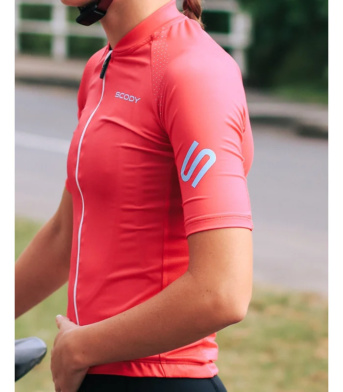 Staple Strawberry with sky blue logo detail Optimise Cycle Jersey | Cycling Clothing