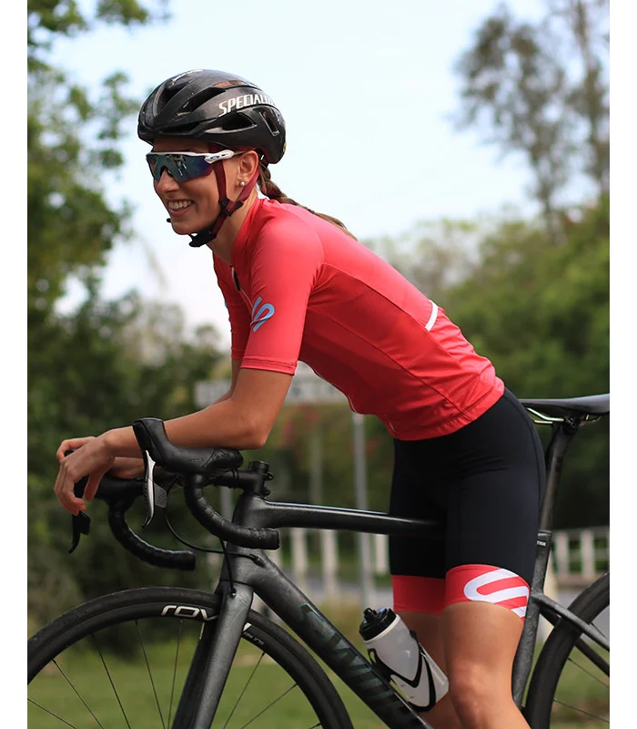 Staple Strawberry with sky blue logo detail Optimise Cycle Jersey and Strawberry Icon Bibs| Cycling Clothing