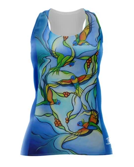 Joy of Flight Run Singlet featuring art by Australian Artist Kristy-Ann Duffy. | Made in Australia | 97% recycled Fabric