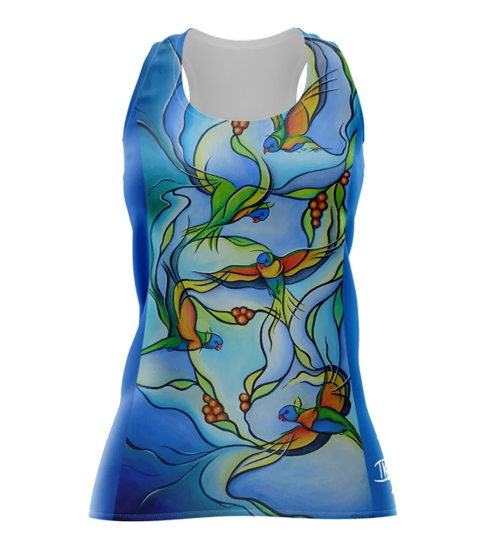 Joy of Flight Run Singlet featuring art by Australian Artist Kristy-Ann Duffy. | Made in Australia | 97% recycled Fabric