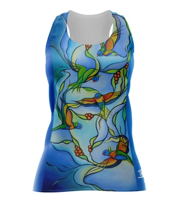 Joy of Flight Run Singlet featuring art by Australian Artist Kristy-Ann Duffy. | Made in Australia | 97% recycled Fabric