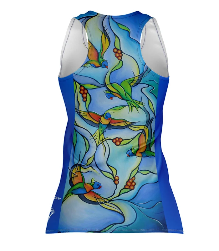 Joy of Flight Run Singlet featuring art by Australian Artist Kristy-Ann Duffy. | Made in Australia | 97% recycled Fabric