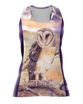 Monty Owl Run Singlet featuring art by Australian Artist Kristy-Ann Duffy. | Made in Australia | 97% recycled Fabric