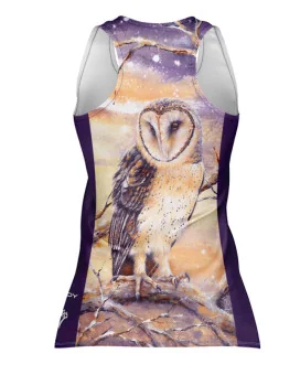 Monty Owl Run Singlet featuring art by Australian Artist Kristy-Ann Duffy. | Made in Australia | 97% recycled Fabric