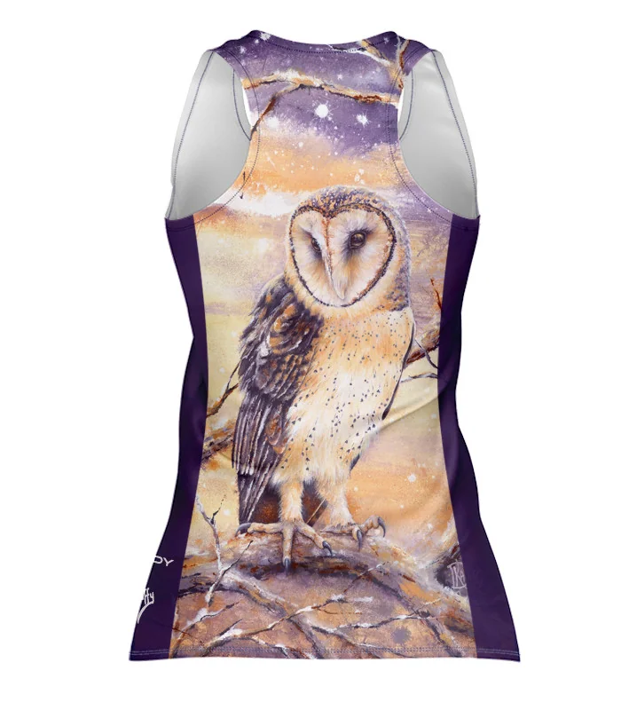 Monty Owl Run Singlet featuring art by Australian Artist Kristy-Ann Duffy. | Made in Australia | 97% recycled Fabric