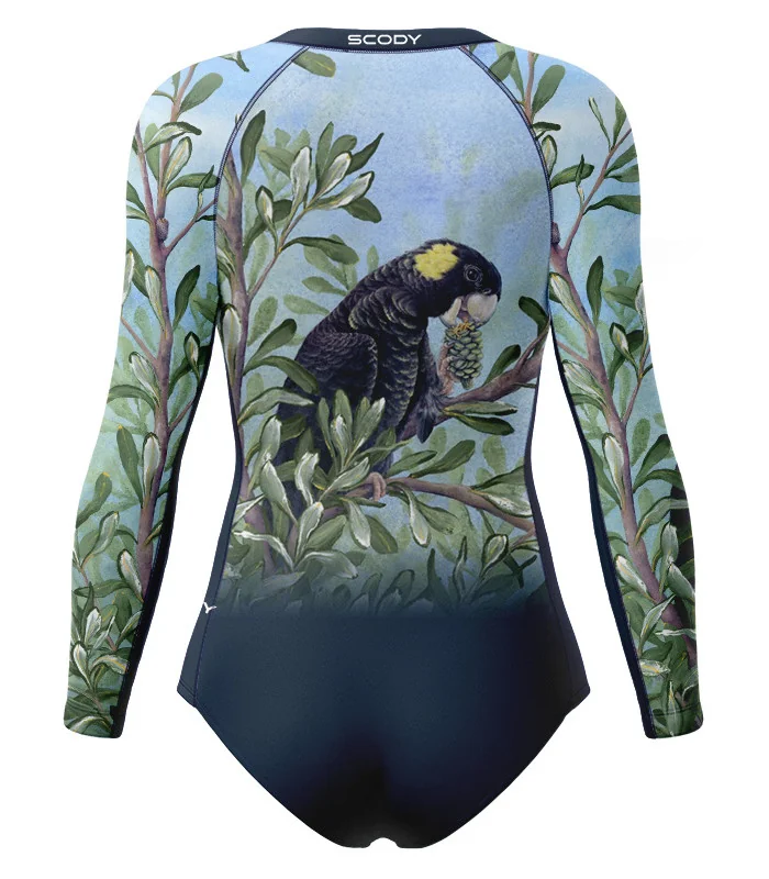 Kristy Ann Duffy Black Cockatoo Sleeved Swimsuit, UPF50+ | Beach Wear