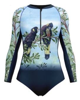 Kristy Ann Duffy Black Cockatoo Sleeved Swimsuit, UPF50+ | Beach Wear
